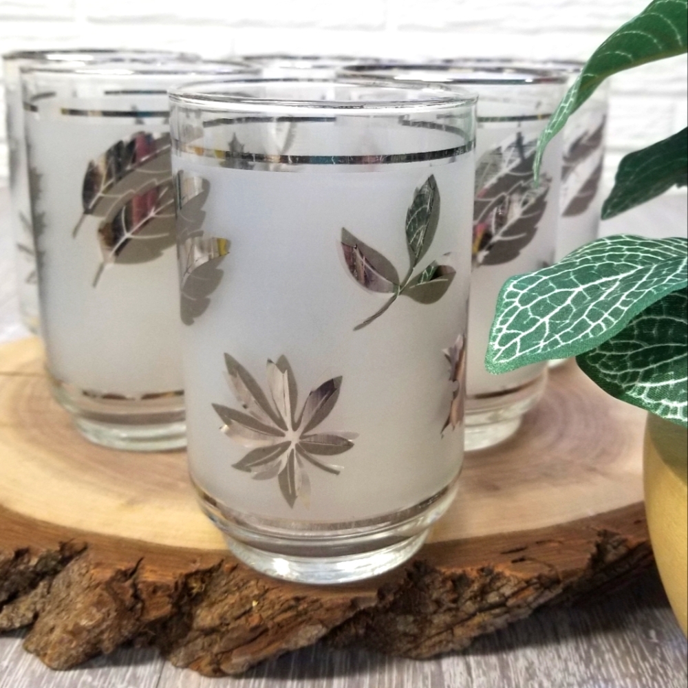 Vintage Libbey frosted metallic silver leaf tumbler drinking glasses